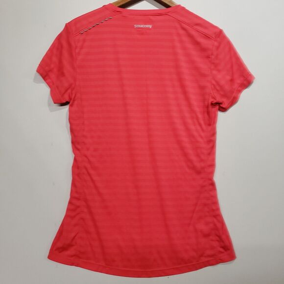 Saucony Womens RunDry Bright Pink Coral Striped Running Shirt Reflective M - Picture 2 of 9
